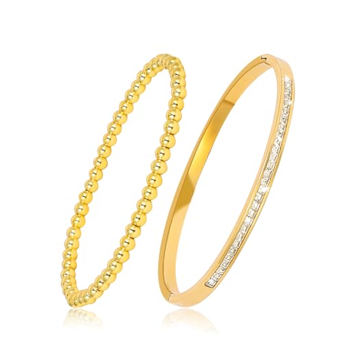 JJDreams 2 Stück Goldenes Perlenarmband 4MM Armreif Edelstahl mit Strass Einfacher Stil Armreif Gold Schmuck Set Verstellbares Armreifen Set JJDreams 2 Stück Goldenes Perlenarmband 4MM Armreif Edelstahl mit Strass Einfacher Stil Armreif Gold Schmuck Set Verstellbares Armreifen Set von JJDreams