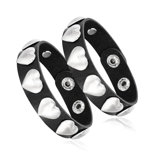 JJDreams 2 Stück Punk Breite Lederarmband Unisex Schwarze Herzförmiges Muster Armband Gothic Rocker Armband Set von JJDreams