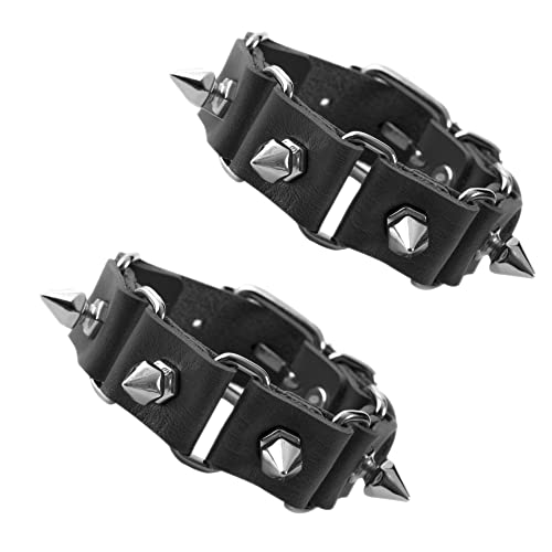 JJDreams 2 Stück Punk Breite Lederarmband Unisex Schwarze Nieten Armband Gothic Rocker Armband Set von JJDreams