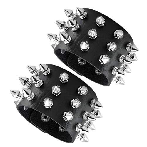 JJDreams 2 Stück Punk Nietenarmband Breite Lederarmband Unisex Schwarze Nieten Armband Gothic Rocker Armband Set von JJDreams