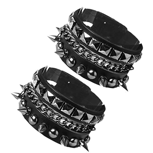 JJDreams 2 Stück Punk Breite Lederarmband Unisex Schwarze Nieten Armband Gothic Rocker Armband Set von JJDreams