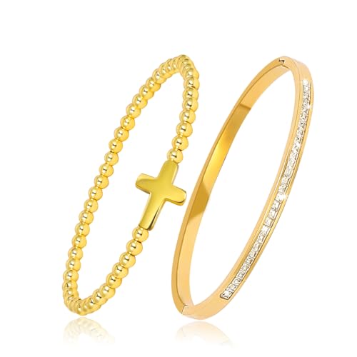 JJDreams 2Pcs Perlen Armband Gold mit Kreuz 4mm Damen Edelstahl Strass Armreif Beaded Verstellbares Armreifen Set von JJDreams