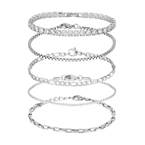 JJDreams 5 st. Gold Armband für Damen Edelstahl Verstellbare Stapelbare Silber Gold Armband Set für Damen Schmuck Set,Silber von JJDreams