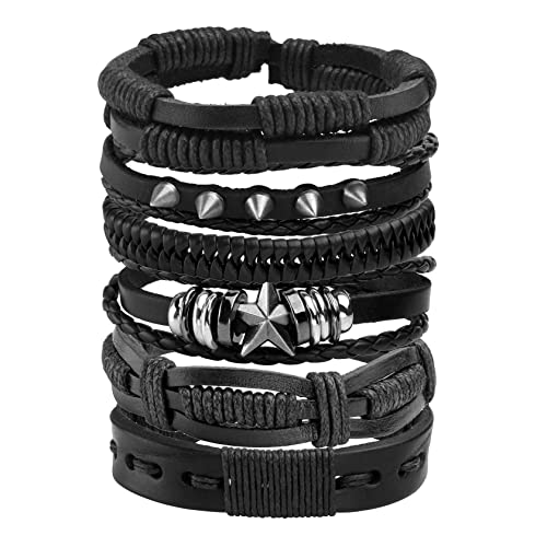 JJDreams 6PCS Punk Armband Herren Armbänder Set Schwarz lederarmband Gothic Geflochtene Armreif Leder von JJDreams