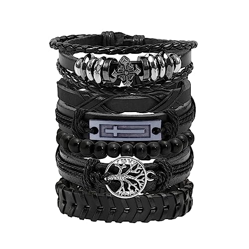 JJDreams 6PCS Punk Lederarmband Herren Wikinger Armband Schwarz Lederarmband Gothic Rock Armband Set von JJDreams