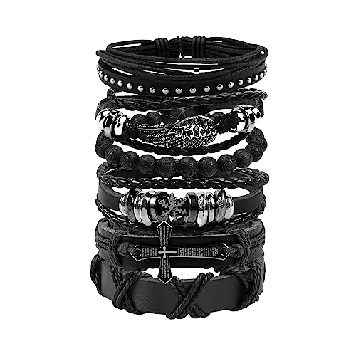 JJDreams 6PCS Punk Lederarmband Herren Wikinger Armband Schwarz Lederarmband Gothic Rock Armband Set von JJDreams