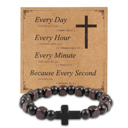JJDreams Armband Perlen Herren Frauen Kreuz Braunes Natürliche Holzperlen Armband Elastisches Armband Christliche Geschenke von JJDreams