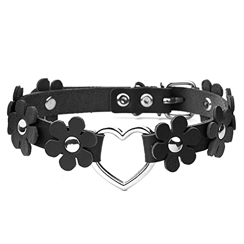 JJDreams Choker Leder Damen Gothic Halsband Choker Herz Schwarz Choker Halsband Blume Emo Schmuck von JJDreams