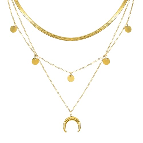 JJDreams Damen Layered Kette Halbmond Anhänger Kette mit Anhänger Coin Necklace für Damen Boho Kette Damen Verstellbare Schlüsselbein Halskette,Gold von JJDreams