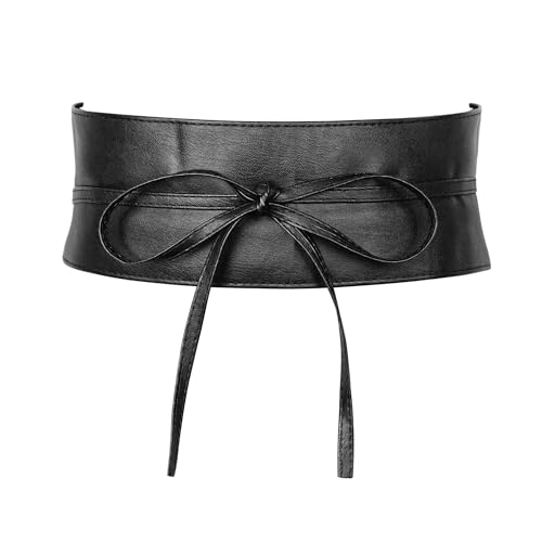 JJDreams Damen Leder Taillen Gürtel Bowknot Breite Wickelgürtel PU Leder Cinch Hüftgürtel Retro Bindegürtel,M-Schwarz von JJDreams