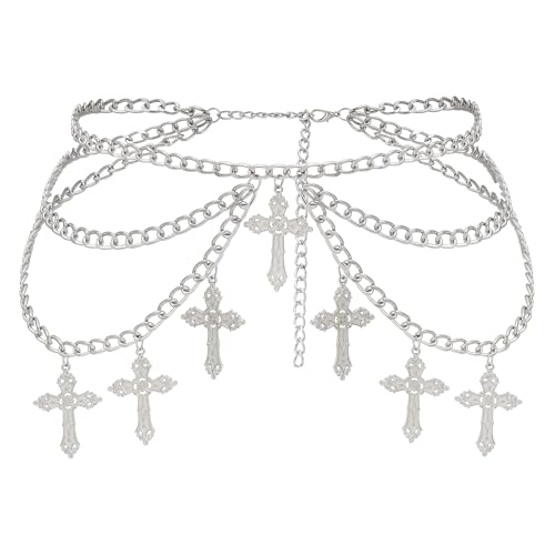 JJDreams Damen Taillenkette Kreuz Gothic Punk Kettengürtel Taille Kette Y2K Bauchschmuck Belly Chain Taillenkettengürtel Körperkette für Kleid Jeans,Silber von JJDreams