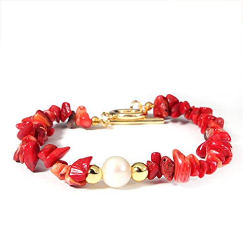 JJDreams Edelstein Armband Heilsteine Armband Damen splitterarmband Yoga Armband Rote Koralle mit Perle von JJDreams