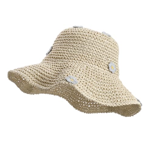 JJDreams Faltbar Sommer Strohhut mit Blumen Beige Eimer Hüte Fischerhut Faltbarer Knautschhut Outdoor Hut leicht Strandhut,Damenhut,Sommer,stilvoll Hut von JJDreams