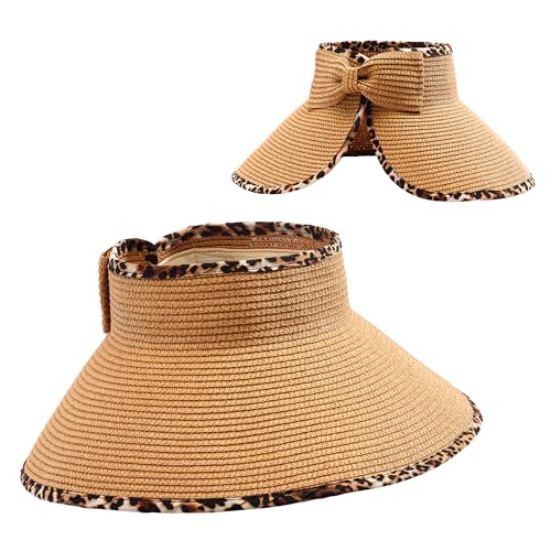 JJDreams Faltbare Sommerhut Strohhut mit Klettverschluss Visor Cap Schildkappe Baseball Kappe Sonnenschild mit großer Breiter Krempe für Strand Hut Golf Tennis,Leopard von JJDreams
