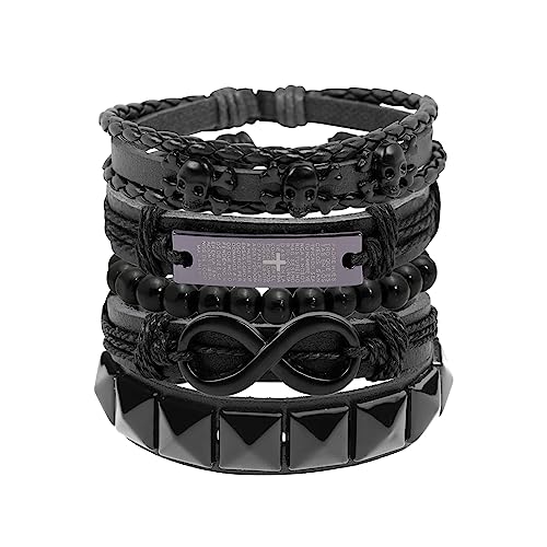 JJDreams Gothic Armband Herren Set Punk Lederarmband Wikinger Armband Leder Schwarz Rock Armband von JJDreams