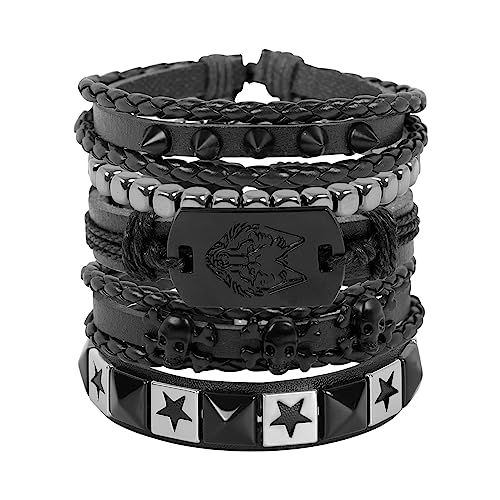 JJDreams Gothic Armband Herren Set Punk Lederarmband Wikinger Armband Leder Schwarz Rock Armband von JJDreams