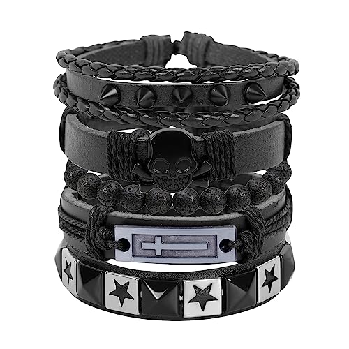 JJDreams Gothic Armband Herren Set Punk Lederarmband Wikinger Leder Schwarz Rock Armband von JJDreams