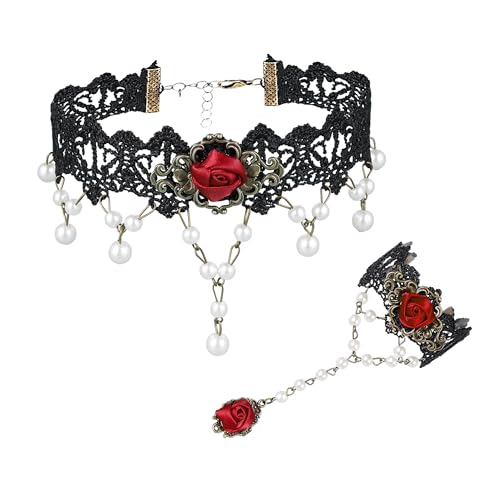 JJDreams Gothic Halskette mit Armband für Damen elegant Spitzenkette schwarz Armband mit Rose Anhänger,Rot von JJDreams