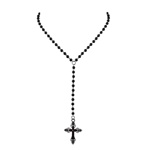 JJDreams Gothic Kreuz Halskette Lange Schwarze Perlenkette Rosenkranz Necklace Choker für Frauen von JJDreams