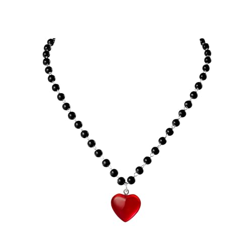 JJDreams Gothic Punk Halskette Schwarze Perlenkette mit Herzanhänger Neckholder Choker Damen,Rotes Herz von JJDreams