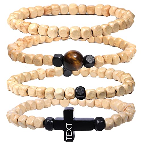 JJDreams Holz Perlenarmband Set Tigerauge Perlen Armband Herren Kreuz Armband mit Gravur Yoga Armband von JJDreams