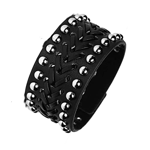 JJDreams Lederarmband Herren Breit Punk Armreif Schwarz Gothic Armband Damen Druckknopf Emo Schmuck von JJDreams