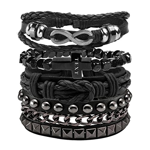 JJDreams Lederarmband Herren Set Punk Armband Breit Rocker Armband Schwarz Gravur Armreifen Gothic von JJDreams