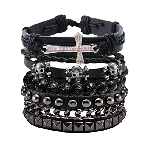 JJDreams Lederarmband Herren Set Punk Armband Breit Rocker Armband Schwarz Schädel Armreifen Gothic von JJDreams