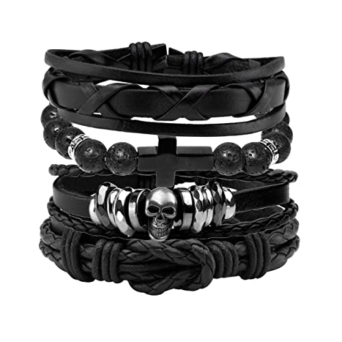 JJDreams Lederarmband Herren Set Punk Armband Breit Rocker Armband Schwarz Schädel Armreifen Gothic von JJDreams