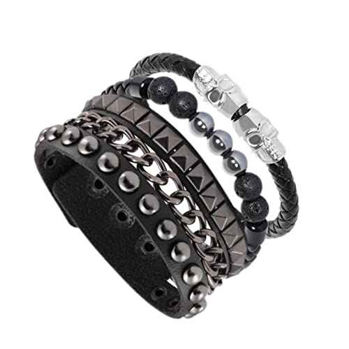 JJDreams Lederarmband Punk Herren Totenkopf Armband Natursteine Leder Armband Schwarz Gothic Geschenk für Männer von JJDreams