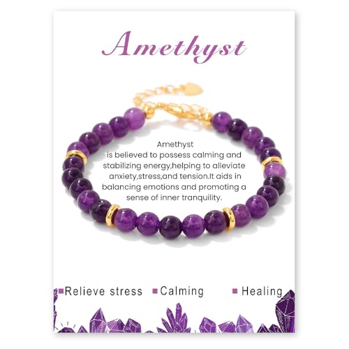 JJDreams Lila Naturstein Armband Boho Edelstein Perlen Armbänder 6MM Runde Edelsteine Armbänder Perlenarmband für Damen und Heren von JJDreams