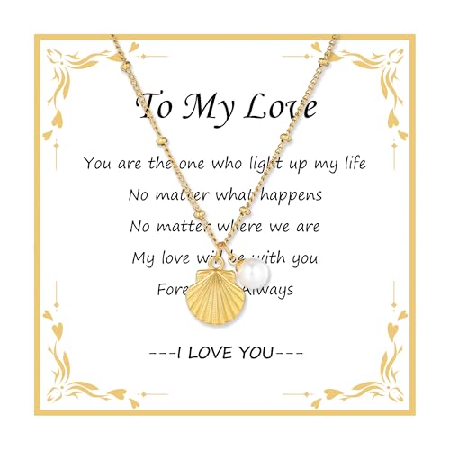 JJDreams Muschel Perlen Anhänger Halskette in Gold Damen Necklace Boho Edelstahl Sommer Halskette Schmuck Verstellbare Kette Geschenke für Muttertag Geburtstag Weihnachten,Gold von JJDreams