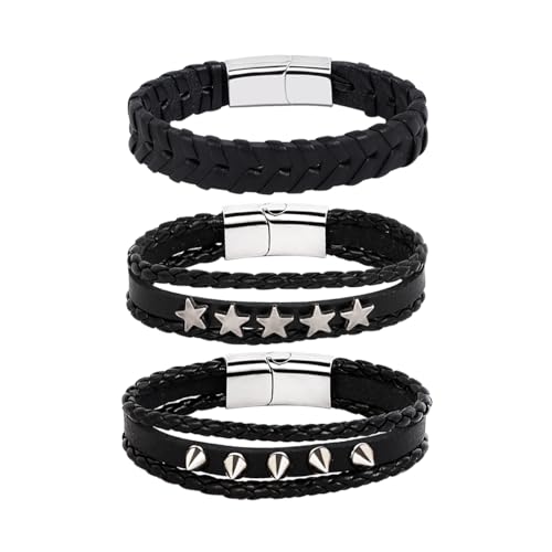 JJDreams Punk Armband Herren Armbänder Set Schwarz lederarmband Gothic Geflochtene Armreif Leder von JJDreams