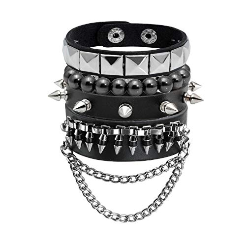 JJDreams Punk Lederarmband Schwarz Gothic Armreif mit Kette Rock Armband Set Biker Armband für Damen, Modesarmband mit Nieten von JJDreams