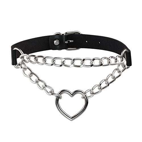 JJDreams Punk Halsband Gothic PU Leder Halsreif mit Kette Herz Anhänger elegant Choker Kragen schwarz Damen von JJDreams