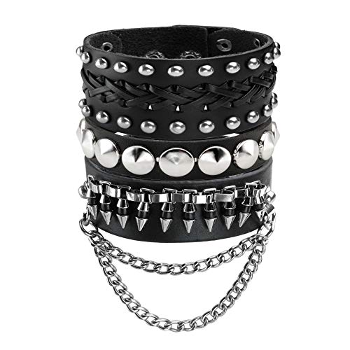 JJDreams Punk Lederarmband Schwarz Gothic Armreif mit Kette Rock Armband Set Biker Armband für Damen von JJDreams