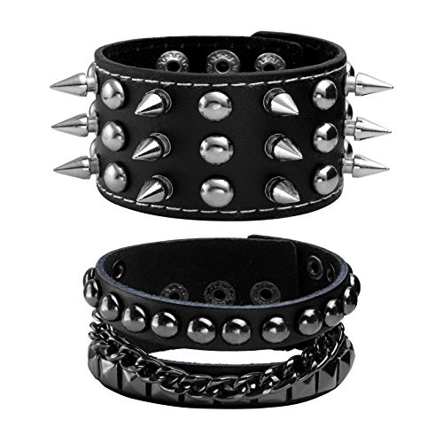 JJDreams Punk Lederarmband Schwarz Gothic Armreif mit Kette Rock Armband Set Biker Armband für Damen von JJDreams