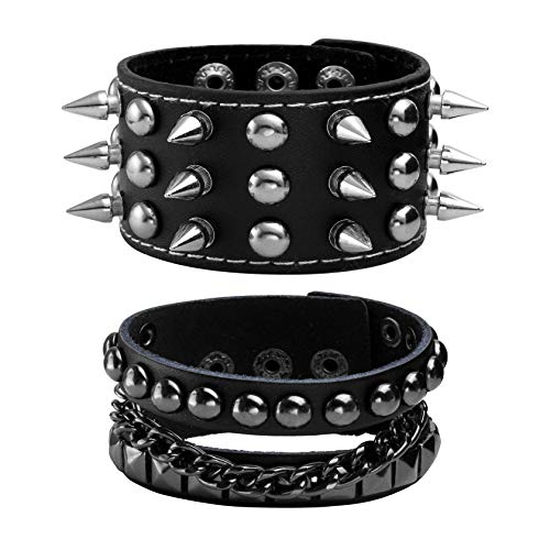 JJDreams Punk Lederarmband Schwarz Gothic Armreif mit Kette Rock Armband Set Biker Armband für Damen, Rockstyle von JJDreams