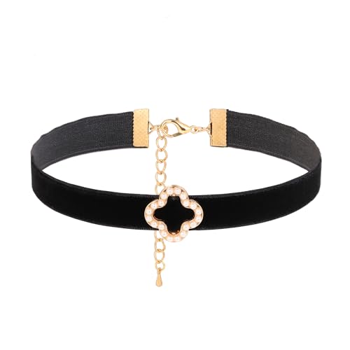 JJDreams Samt Choker Halskette Retro Punk Gothic Vintage Velvet Necklace 12 MM Breite Verstellbar Halsketten für Frauen und Mädchen,Vierblättriges Kleeblatt mit Perlen von JJDreams