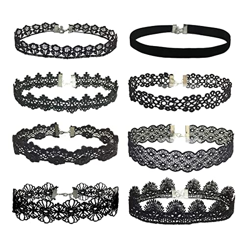 JJDreams Velvet Chokers Schwarz Band Choker Halskette für Damen Mädchen, 8 Stück Classic Gothic Tattoo Lace Choker von JJDreams