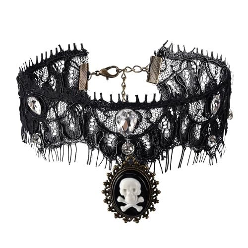 JJDreams Schwarze Gothic-Spitzenkette mit Totenkopf-Anhänger & Kristall, Passen zu Rocker, Punk, alternative Styles von JJDreams