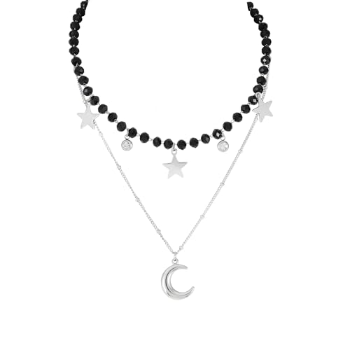 JJDreams Schwarze Perlenkette mit Anhänger Doppelte Necklace Gothic Punk Boho Choker Halskette Kristallkette Anhänger Halsketten Schmuck für Damen, Mond von JJDreams