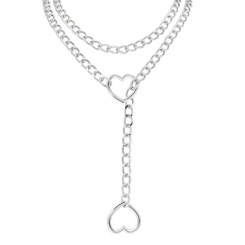JJDreams Slip Chain Choker Halsketten Einstellbare Silber Y Lariat Halskette für Frauen Punk Drop Herzförmiger Anhänger Gothic Schmuck Lange Cuban Link Kette Geschenk für Weihnachten 51" von JJDreams