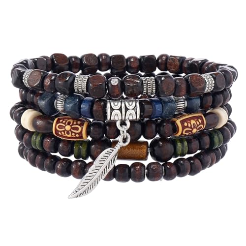 JJDreams Tribal Style Armband Holzperlenarmband mit Federanhänger für Männer und Frauen Statement Armreifen von JJDreams