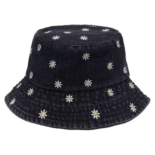 JJDreams Vintage Gestickter Fischerhut mit Gänseblümchen Trendy Washed Denim Bucket Hat Weicher und Leichter Faltbarer Sommerhut, Schwarze Fischerhut von JJDreams