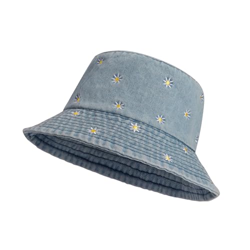 JJDreams Vintage Gestickter Fischerhut mit Gänseblümchen Trendy Washed Denim Bucket Hat Weicher und Leichter Faltbarer Sommerhut, Sonnenhut Damen von JJDreams