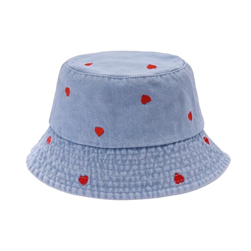 JJDreams Vintage Gestickter Fischerhut mit Herz Trendy Washed Denim Bucket Hat Weicher und Leichter Faltbarer Sommerhut von JJDreams