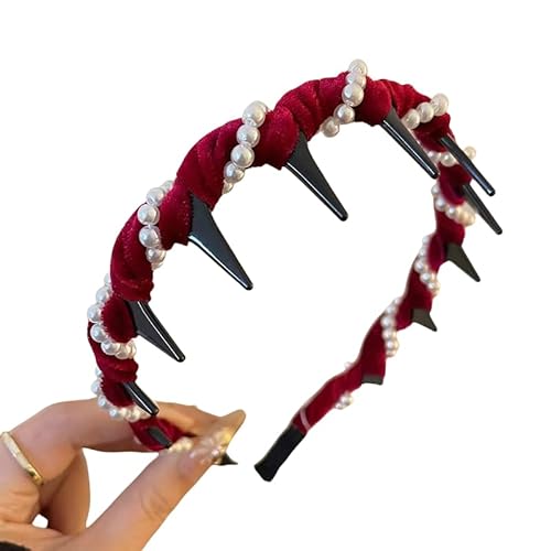 Samt-Perlen-Haarreif, doppelseitig, rutschfest, mit Zähnen, geschwollenes, strukturiertes Haar-Accessoire für Damen, elegantes Haarband für den täglichen Gebrauch, Hochzeit, Party, Rot, Einheitsgröße Samt-Perlen-Haarreif, doppelseitig, rutschfest, mit Zähnen, geschwollenes, strukturiertes Haar-Accessoire für Damen, elegantes Haarband für den täglichen Gebrauch, Hochzeit, Party, Rot, Einheitsgröße von JJIAGOLD
