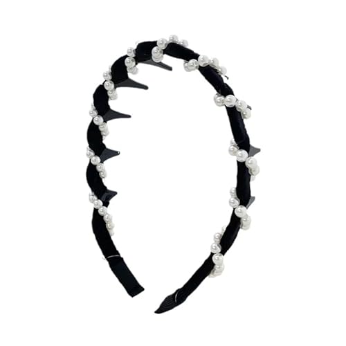 Samt-Perlen-Haarreif, doppelseitig, rutschfest, mit Zähnen, geschwollenes, strukturiertes Haar-Accessoire für Damen, elegantes Haarband für den täglichen Gebrauch, Hochzeit, Party (Schwarz von JJIAGOLD