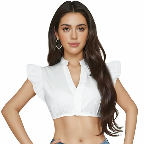 JJJZAMZ Dirndl Bluse Damen Weiß Schlicht, Dirndlbluse Flügelärmel, Bluse V Ausschnitt, Oktoberfest Trachtenbluse für Dirndl Damen 38 von JJJZAMZ